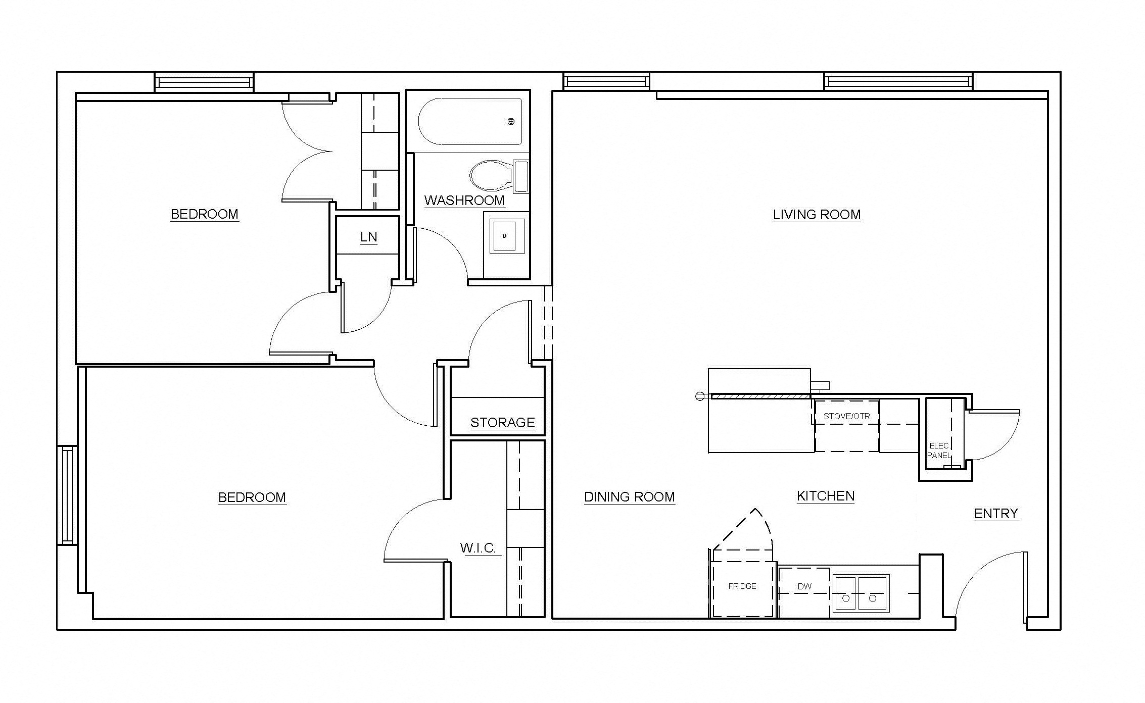 Floor plan for 2 beds, 1 bath, 863 sqft